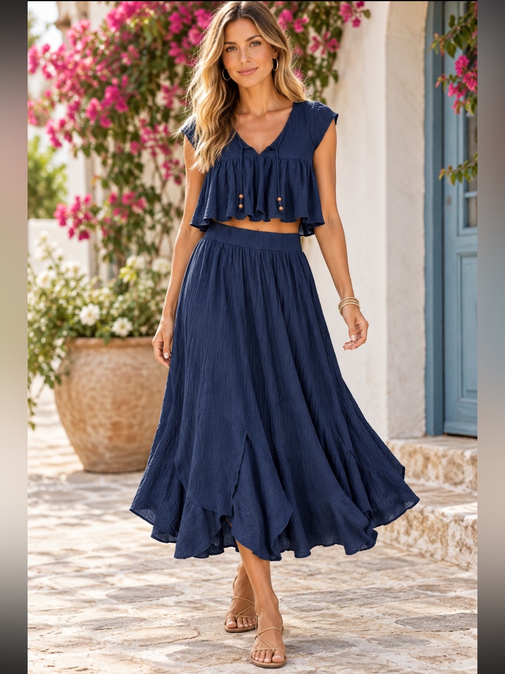 Free People Beach Set Navy Blue Cropped Top and Matching Midi Skirt Size S